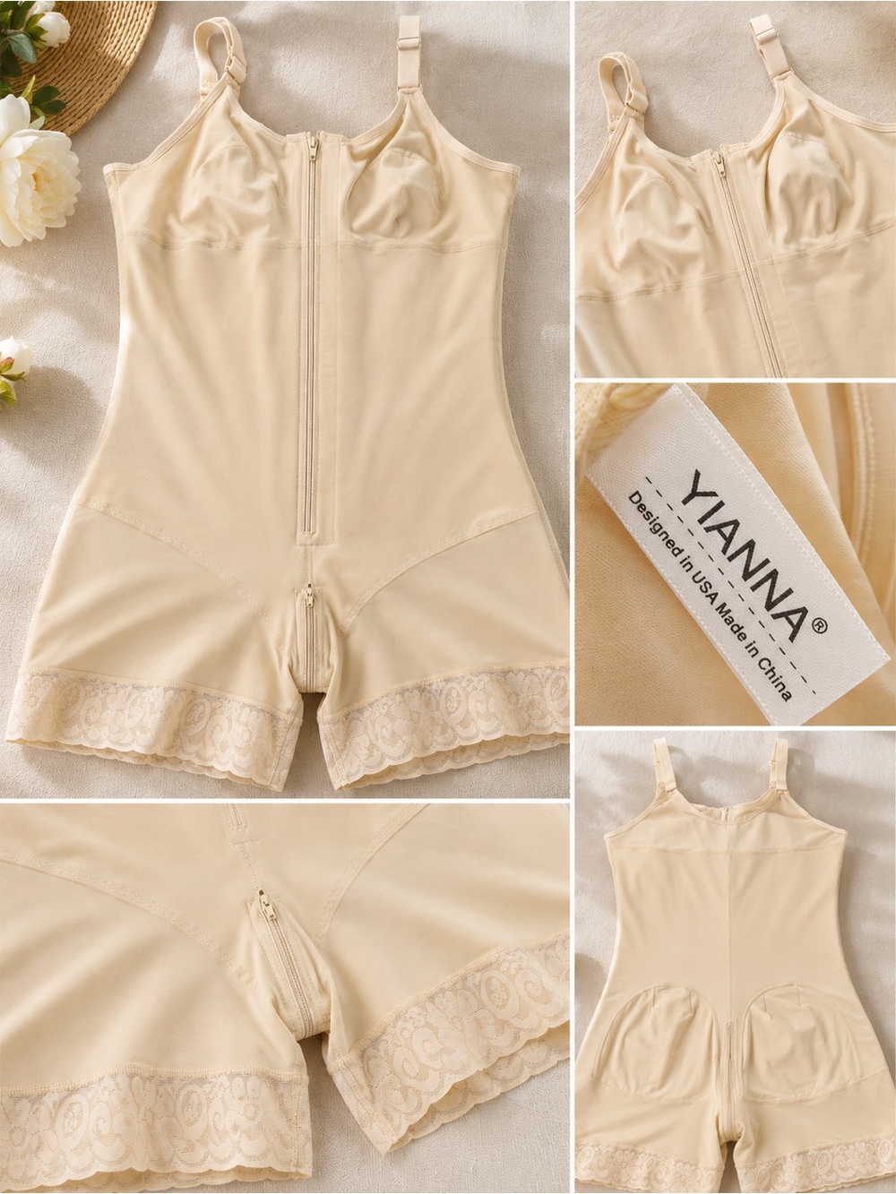 Yianna Cream Full-Body Shapewear Bodysuit with Lace Trim